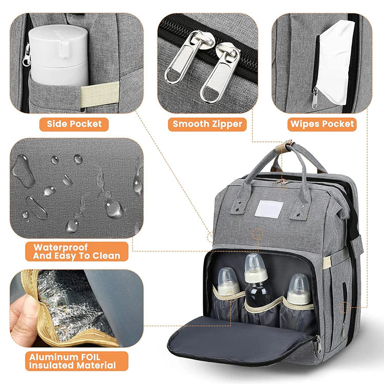 Multifunctional Diaper Backpack with Foldable Baby Bed and USB Charging Port