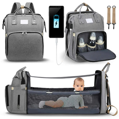 Multifunctional Diaper Backpack with Foldable Baby Bed and USB Charging Port